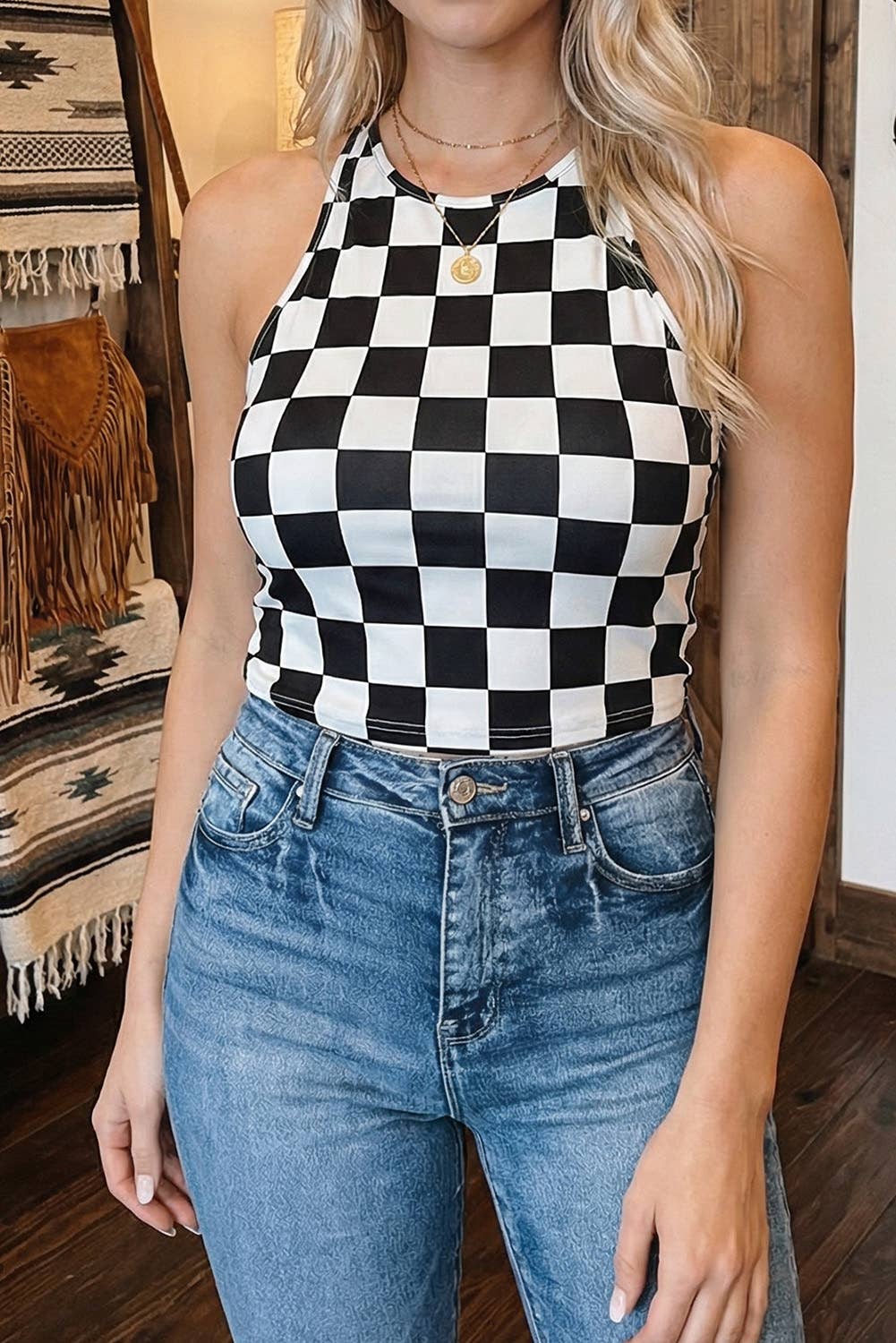 Spring Summer Checkerboard Printed Slim Tank Top: Black / Missy / S