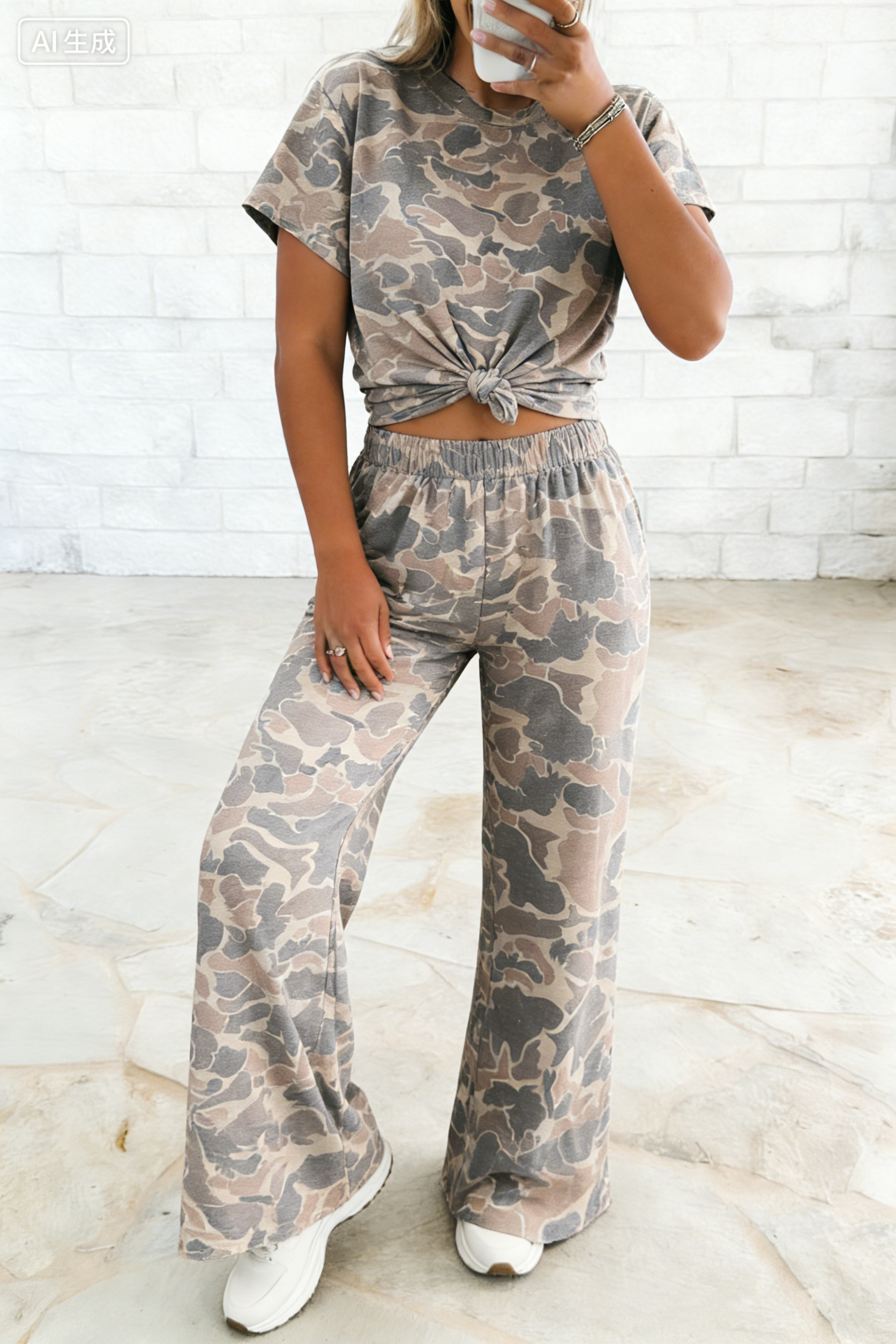 Full size Summer Camouflage Short Sleeve Tee and Pants Set: Multicolour / L
