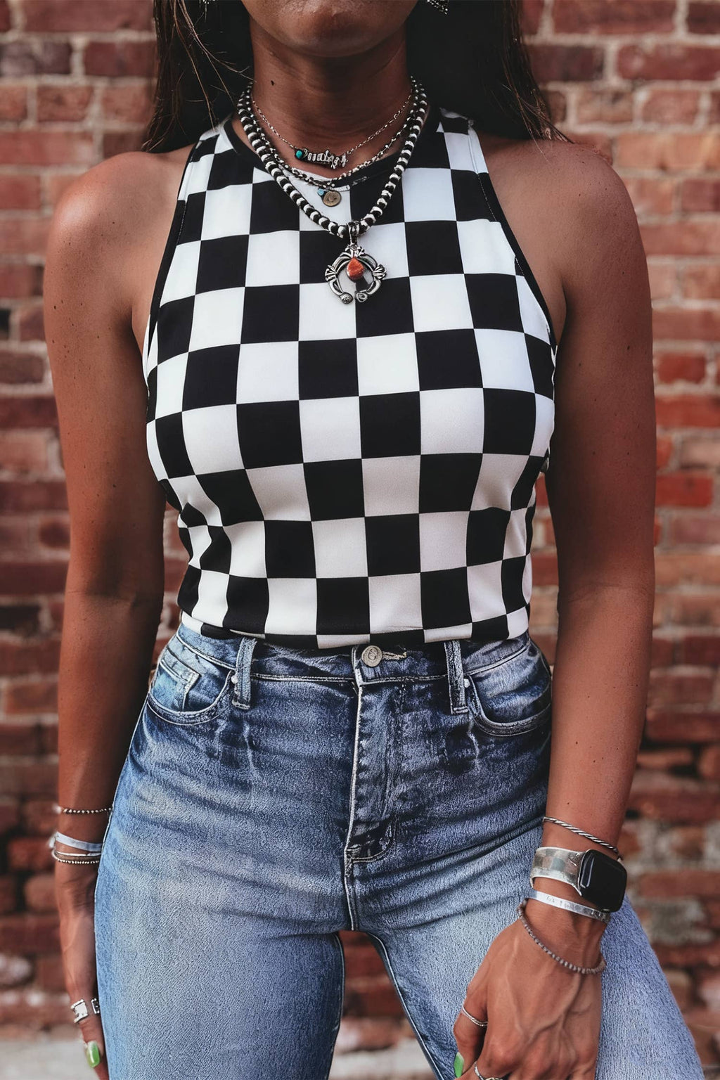 Spring Summer Checkerboard Printed Slim Tank Top: Black / Missy / S