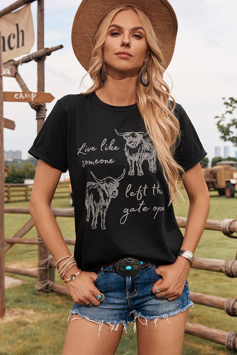 Fashion-W Western Cow Print Round Neck Casual Tee: As shown / Missy / L