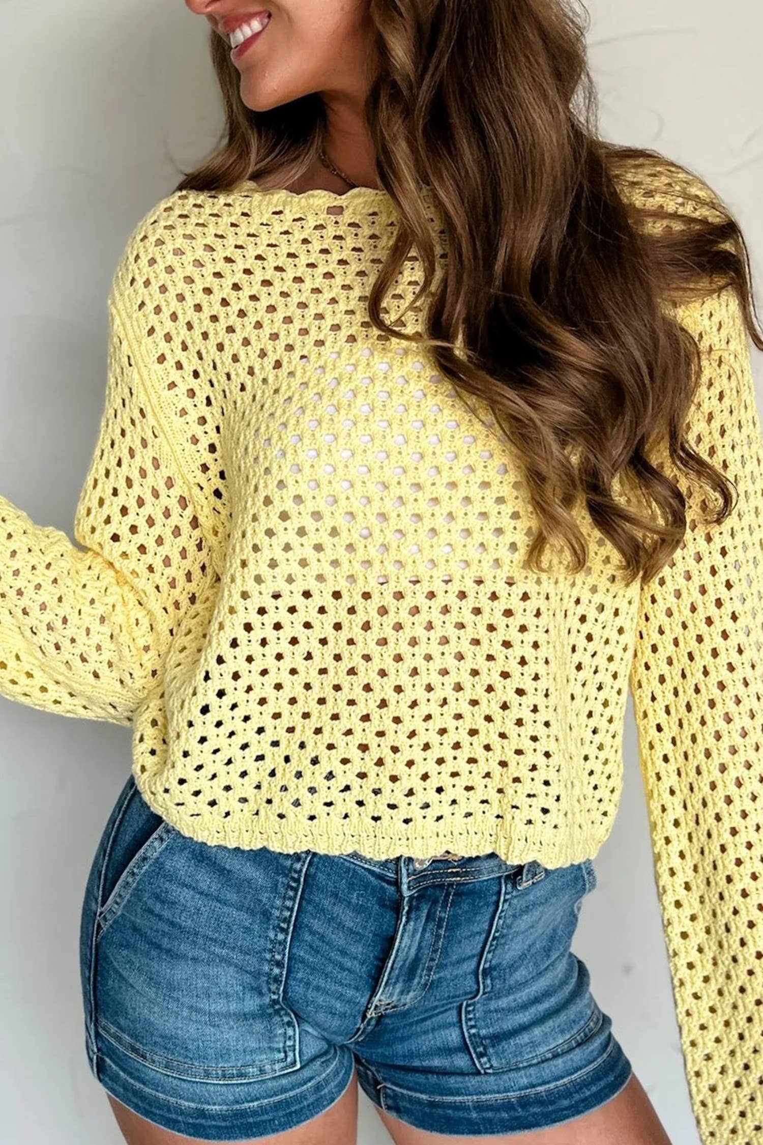 Spring 2026 Scalloped Trim Hollow Out Knit Long Sleeve Top: White / M
