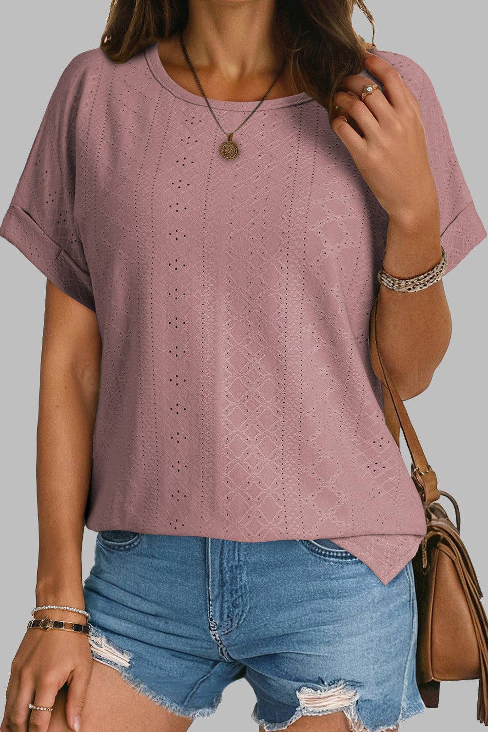 Rose Eyelet Jacquard Cuffed Top FB: Rose / Medium