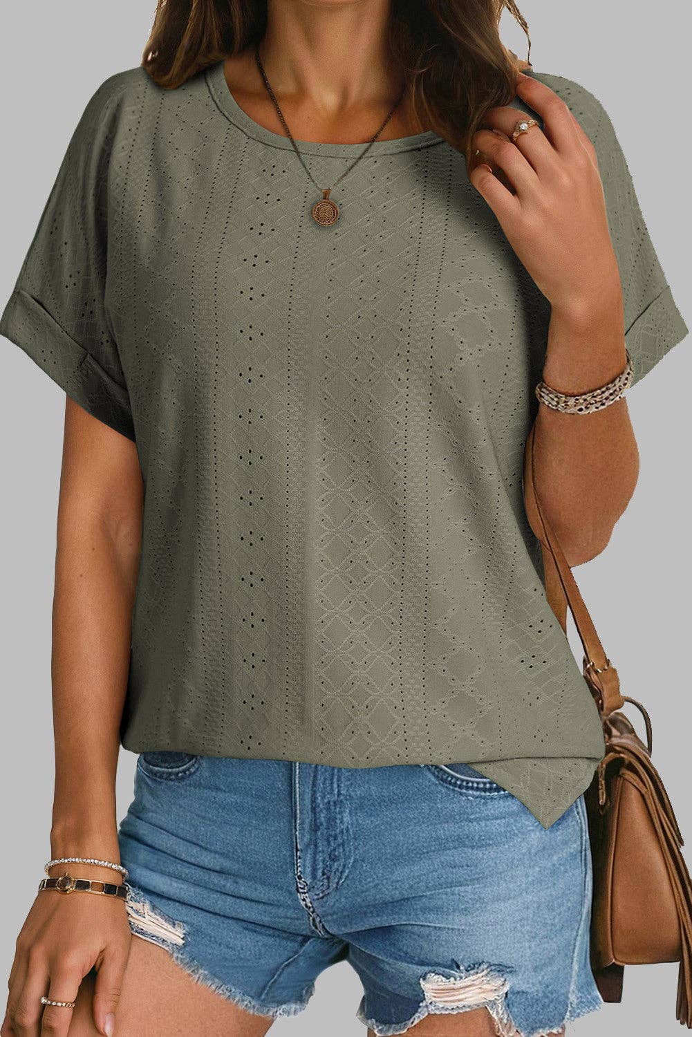 Rose Eyelet Jacquard Cuffed Top FB: Rose / Medium