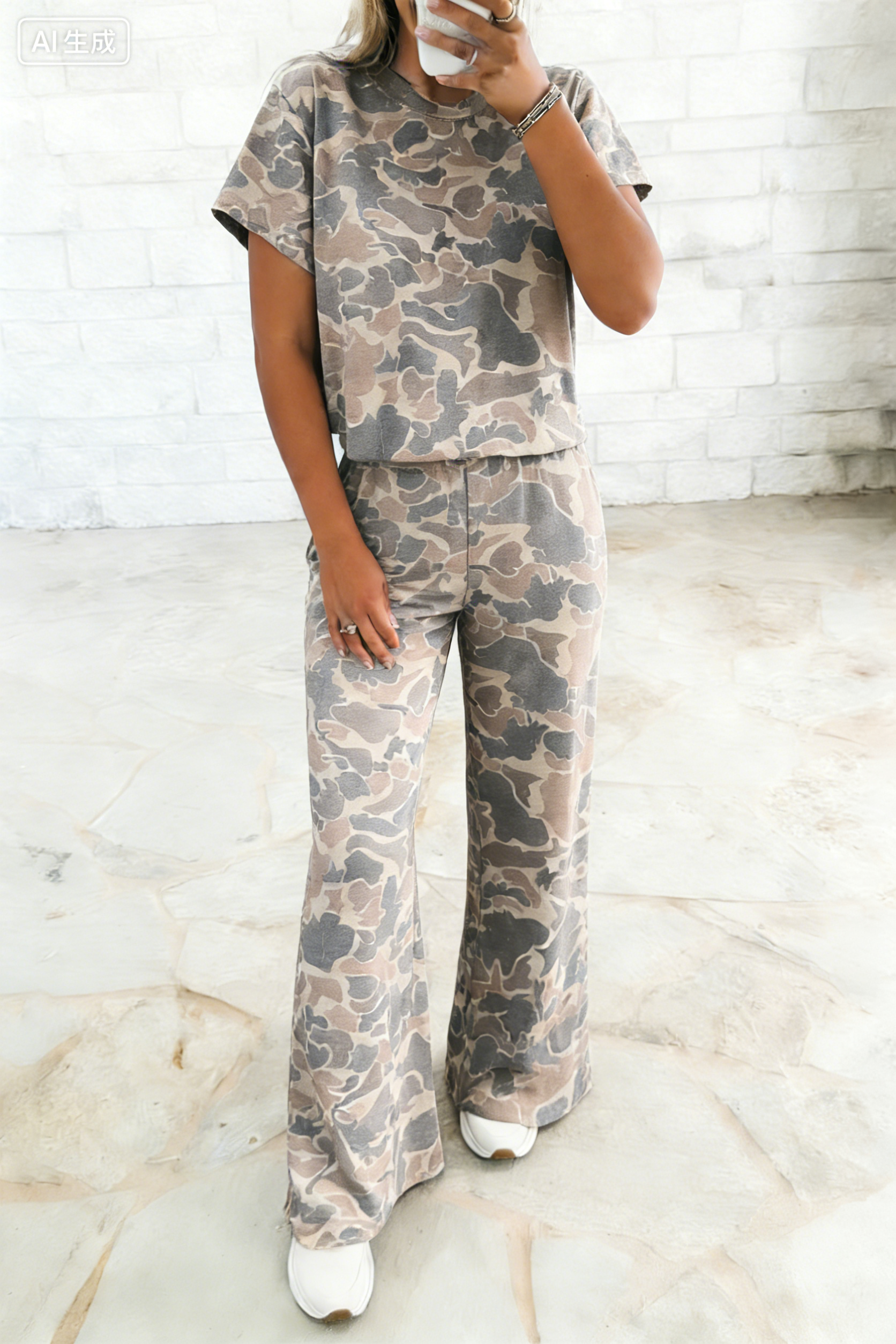 Full size Summer Camouflage Short Sleeve Tee and Pants Set: Multicolour / S